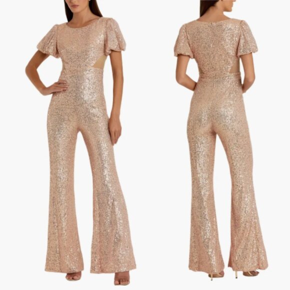 Mac Duggal Ieena Sequin Puff Shoulder Cut Out Jumpsuit NWT in Pink Champagne 10 - Picture 1 of 16